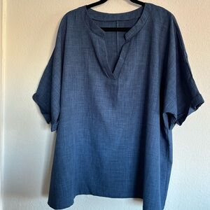 Plus Size 6XL Relaxed Blue V-Neck Tunic Top
